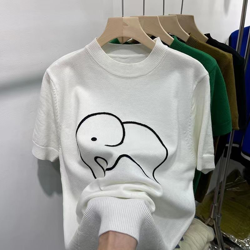 (HÀNG SẴN) Áo len Mongtoghi mỏng cổ tròn họa tiết con voi - Áo len cổ tròn tay ngắn, có thể mặc hè thoải mái