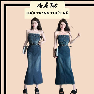 Đầm Jeans Quây Nắp Túi Kèm Đai Dáng Dài, Váy Jeans Quây Dáng Dài Hàng Quảng Châu Cao Cấp Có Ảnh Thật - Anh Tít Boutique