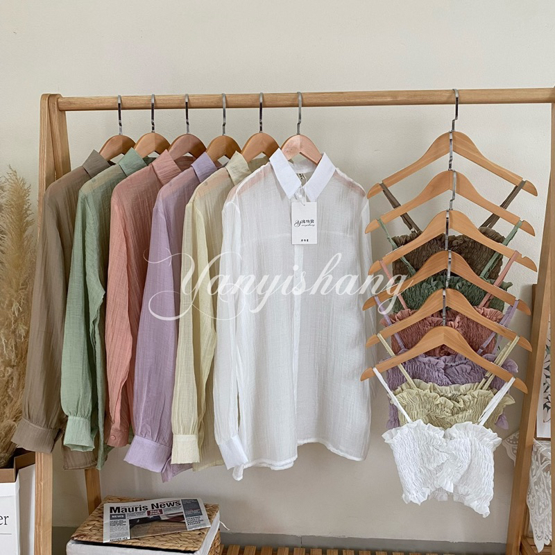 HN Set áo sơ mi kèm áo 2 dây nhúng thun Quỳnh vintage