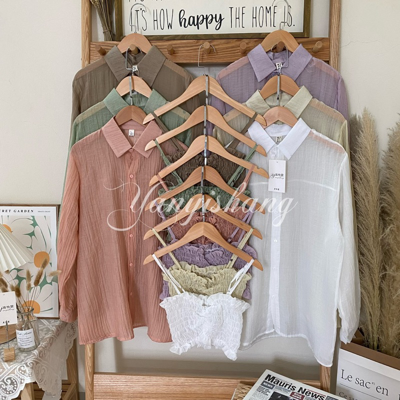 HN Set áo sơ mi kèm áo 2 dây nhúng thun Quỳnh vintage