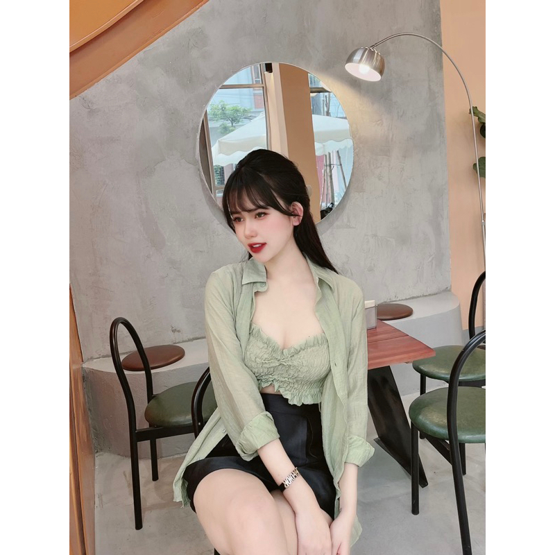 HN Set áo sơ mi kèm áo 2 dây nhúng thun Quỳnh vintage