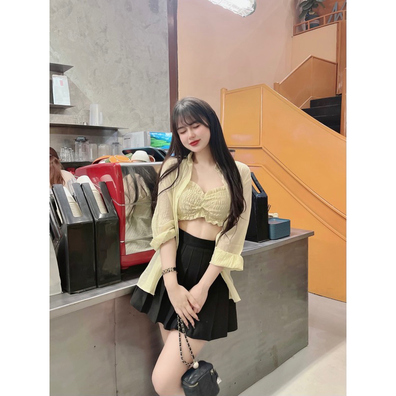 HN Set áo sơ mi kèm áo 2 dây nhúng thun Quỳnh vintage