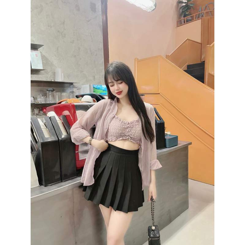 HN Set áo sơ mi kèm áo 2 dây nhúng thun Quỳnh vintage