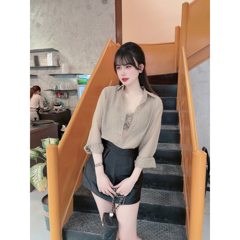 HN Set áo sơ mi kèm áo 2 dây nhúng thun Quỳnh vintage