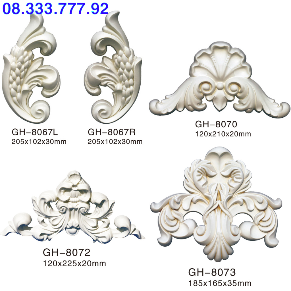 Phù điêu, họa tiết hoa góc cạnh trang trí trần, tưởng, chất liệu PU siêu bền, mã GH 8067 L/R, 8070, 8072, 8073