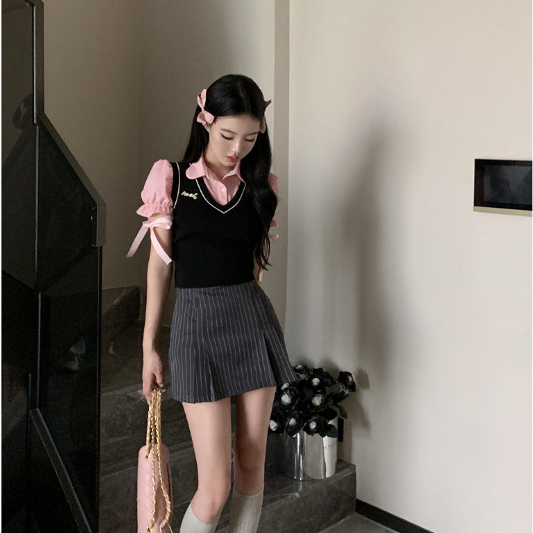 Set áo sơmi cột nơ phối gile kèm chân váy chữ A kẻ sọc ulzzang thời trang phong cách Hàn Quốc