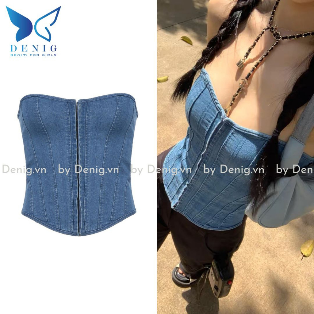Áo ống jeans ôm sát đan dây sau lưng DENIG