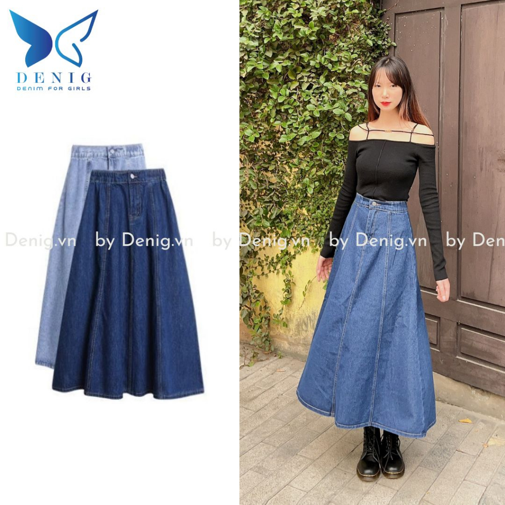 Chân váy jean dài cạp cao dáng chữ a DENIG
