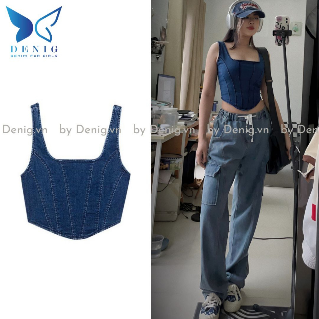 Áo hai dây jean kiểu dáng corset phối khóa kim loại DENIG