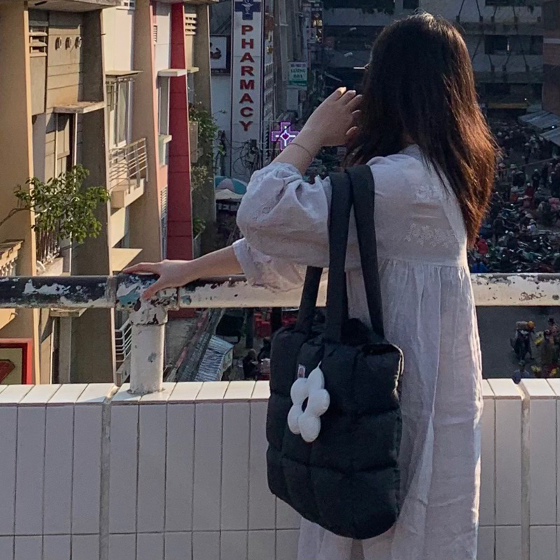 Túi tote phao trần bông thủ công cỡ lớn nhiều màu (trắng, đen, xanh coban, xám, ib màu) | BigBuy360 - bigbuy360.vn