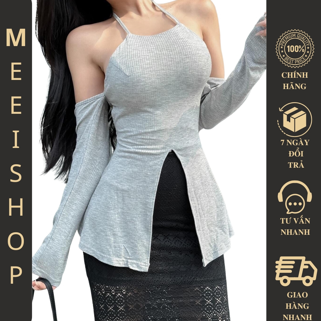 Áo kiểu tay dài cổ yếm nữ Meei Shop, Áo kiểu nữ dáng ôm xẻ giữa tà và lưng cut out gợi cảm -A46-