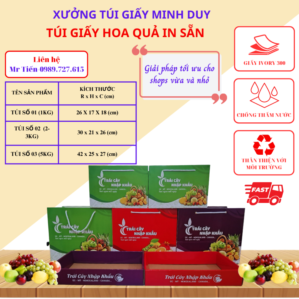 Túi giấy đựng hoa quả, trái cây nhập khẩu làm quà tặng lễ tết, chất liệu giấy I300 cán bóng chống thấm nước, bền, đẹp
