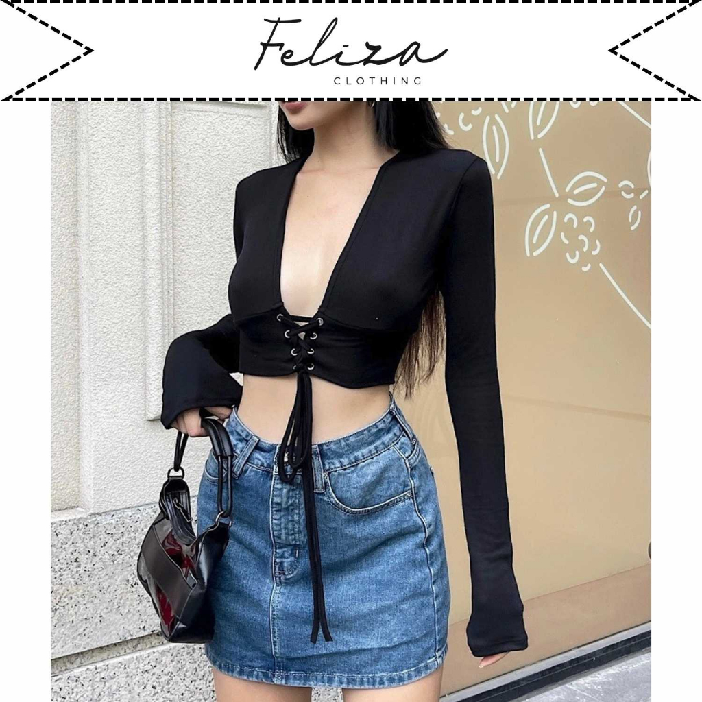 Áo Croptop trơn nữ chất thun lụa ôm tay dài loe cổ V sâu thắt dây sexy – Feliza Clothing