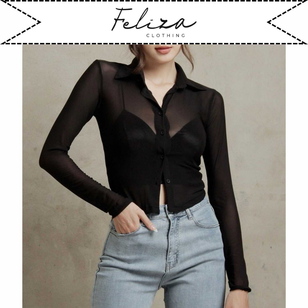 Áo sơ mi croptop nữ chất thun lưới dáng ôm tay dài (không kèm bra bên trong) – Feliza Clothing