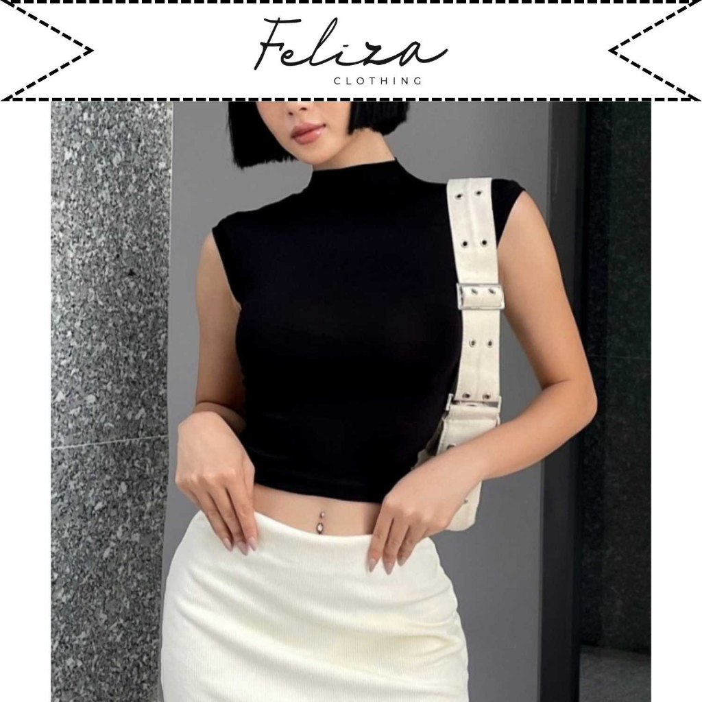 Áo croptop nữ dáng ôm cổ lọ thấp tay con chất thun cotton co giãn – Feliza Clothing