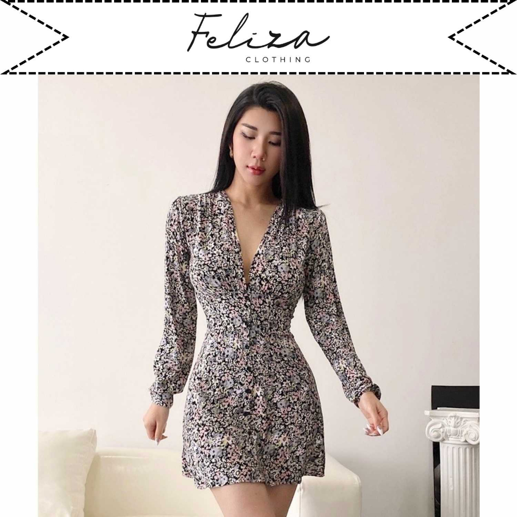 Đầm ngắn nữ cổ V sâu tay dài tùng A nhẹ chất thun cotton – Feliza Clothing