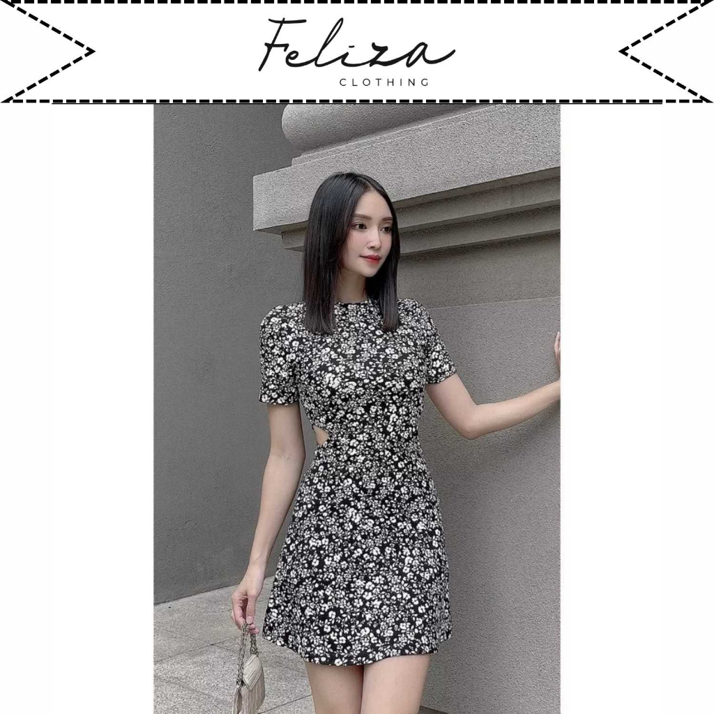 Đầm ôm ngắn nữ tay ngắn cổ tròn tùng A nhẹ khoét eo chất thun cotton – Feliza Clothing
