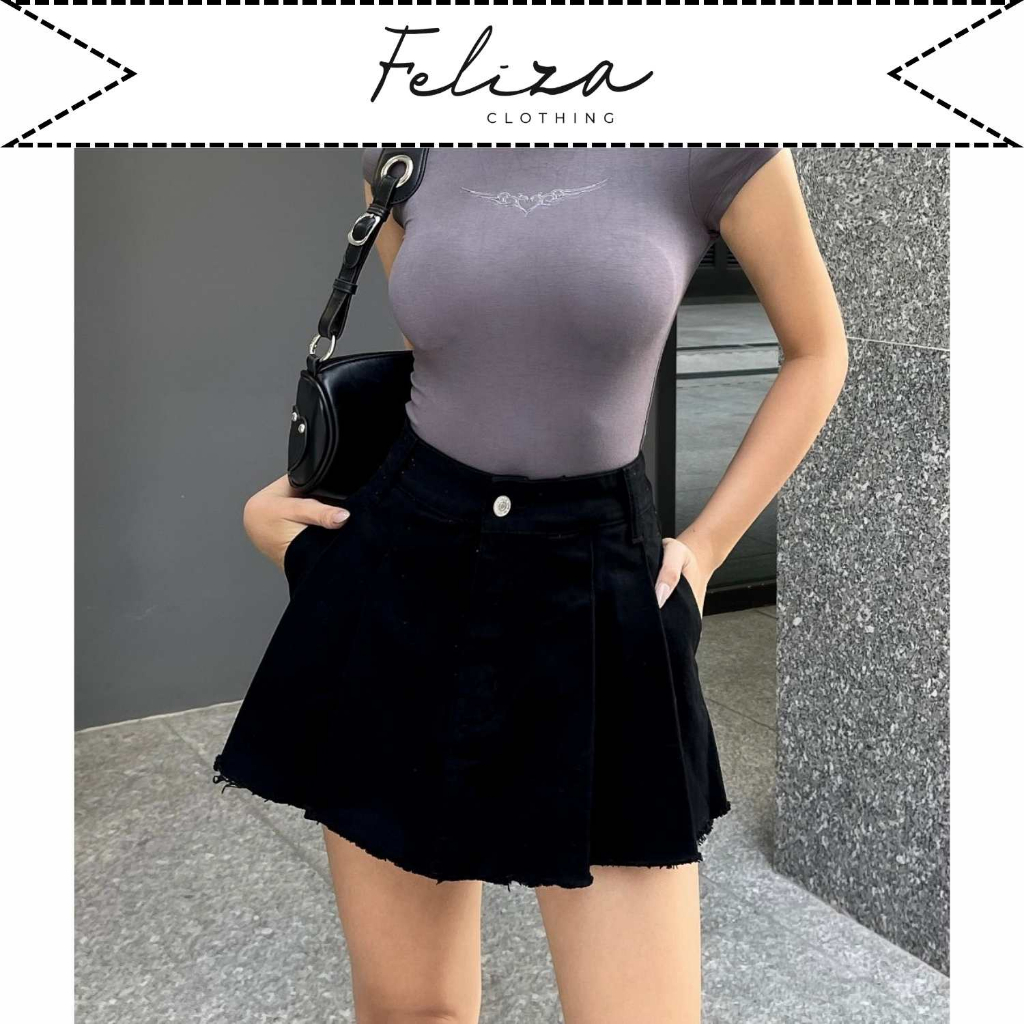 Quần short jean nữ giả váy xếp ly lưng cao cá tính – Feliza Clothing