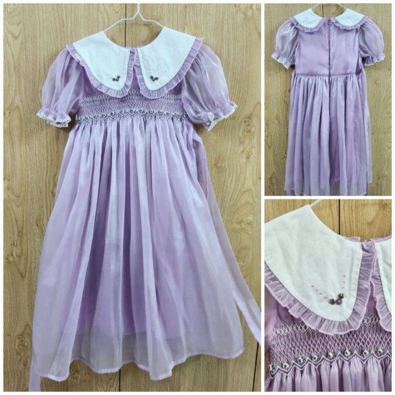 Đầm dài thiết kế bé gái voan 2 lớp màu tím pastel xinh xắn like new, thanh lý đầm dài bé gái