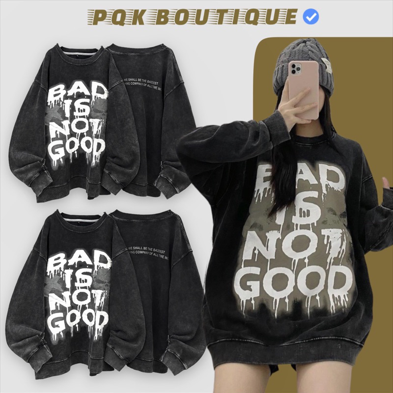 ( chính hãng ) Áo Sweater Form Rộng Nam Nữ Xám Đen BAD NOT GOOD - pqk boutique | BigBuy360 - bigbuy360.vn