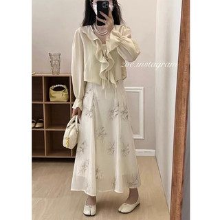 Váy set: váy 2 in hoa, áo choàng viền bèo cùng màu