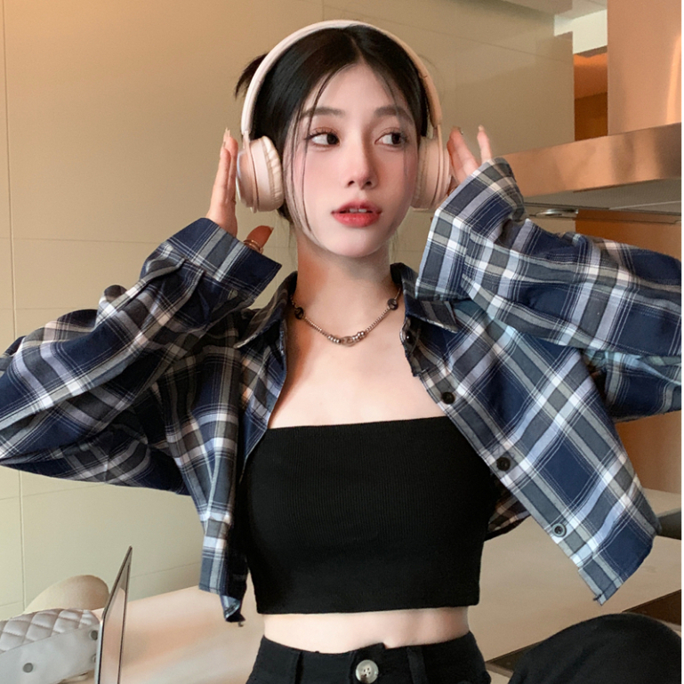 Áo sơmi croptop dài tay họa tiết sọc caro phong cách Hàn Quốc thời trang dành cho nữ