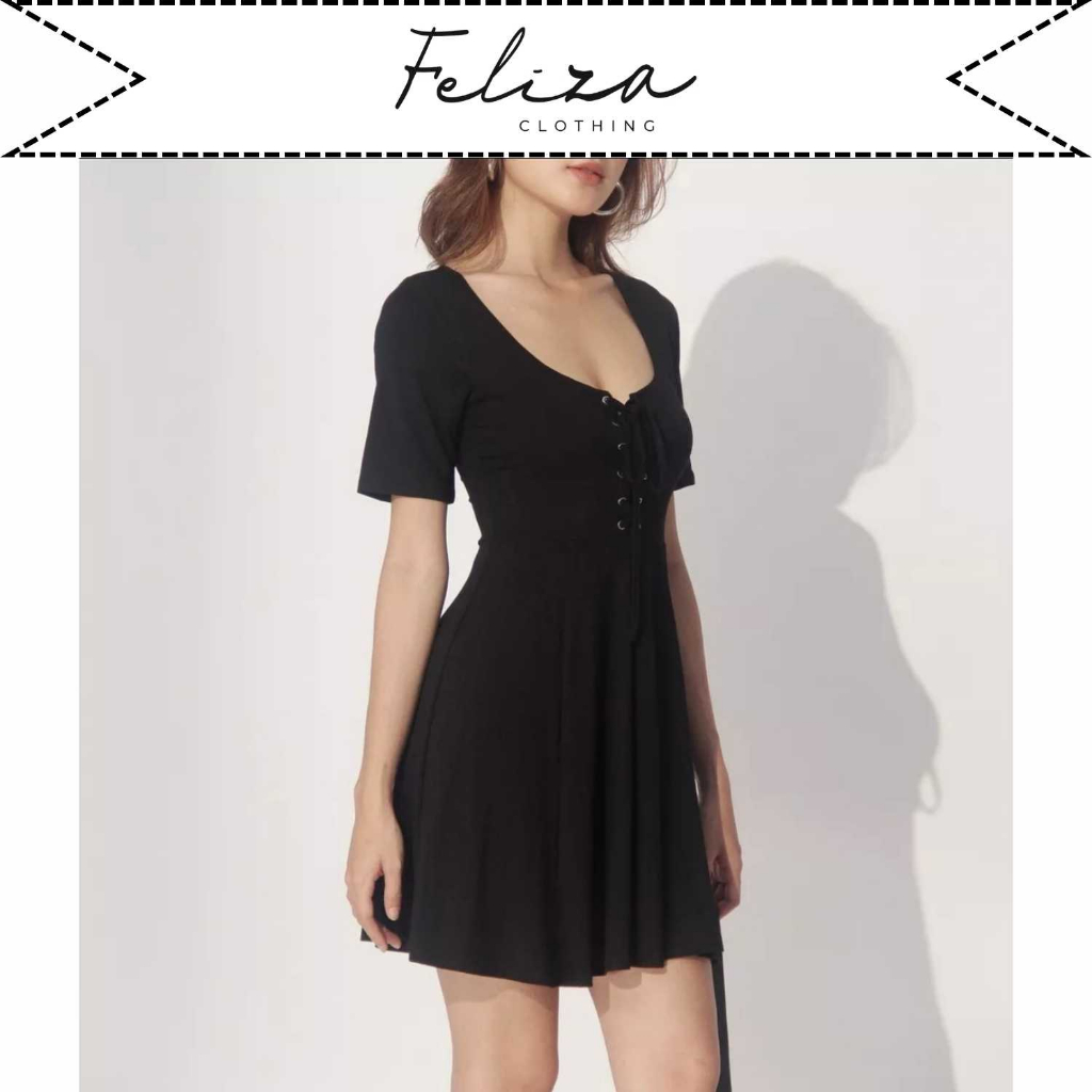 Đầm ngắn nữ chất thun lụa tay ngắn cổ U thắt dây chân tùng xòe rũ – Feliza Clothing