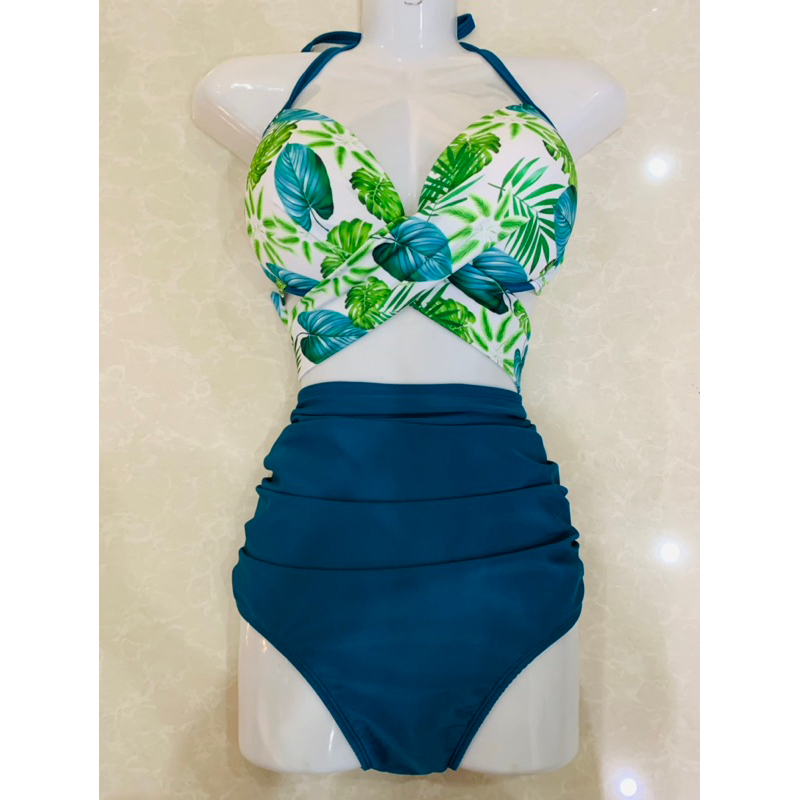 Bikini bigsize áo gọng nâng ngực Đan dây mix quần nhún lưng cao trên 75 kg