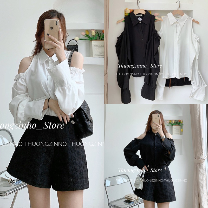 [Ảnh thật/Video] Áo sơ mi khoét vai thiết kế cúc ngọc tay bồng tiểu thư