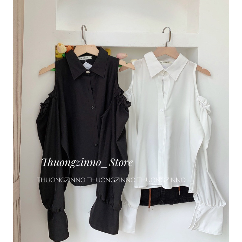 [Ảnh thật/Video] Áo sơ mi khoét vai thiết kế cúc ngọc tay bồng tiểu thư