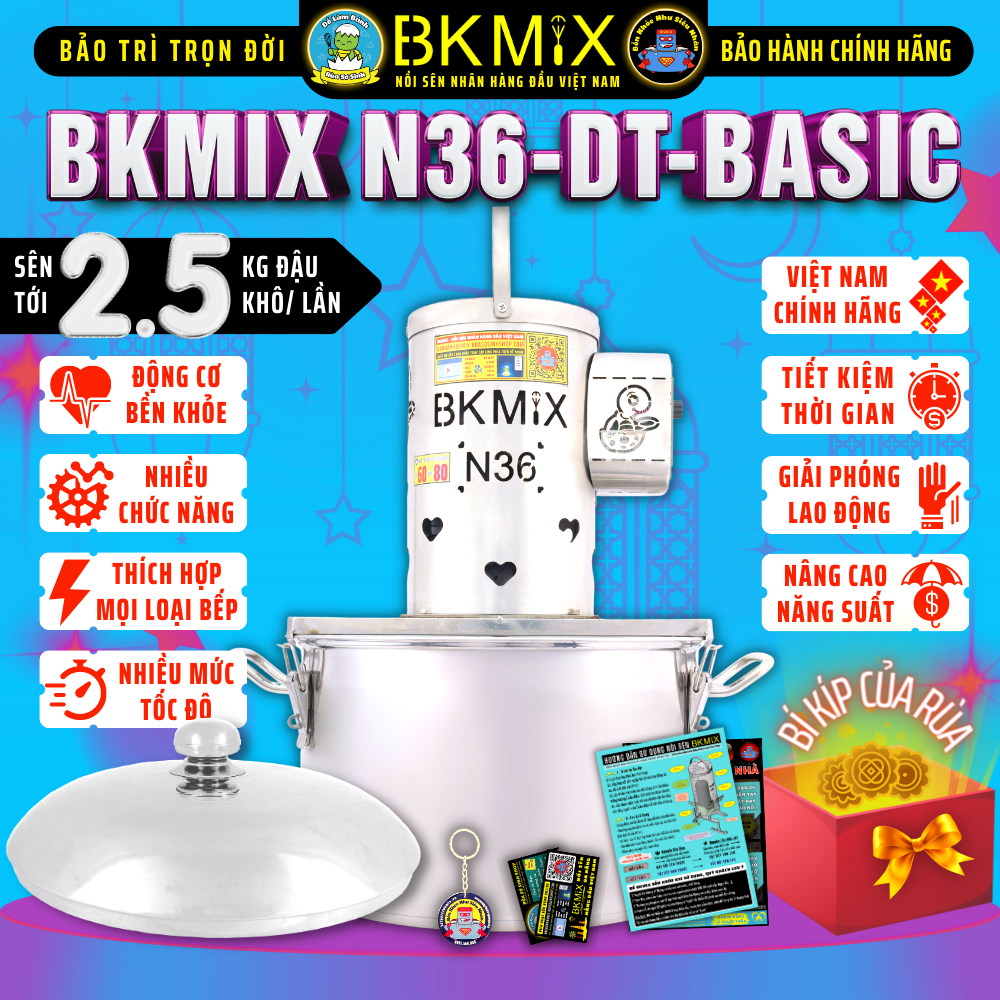 Máy sên nhân BKMIX N36-DT-Basic (điều tốc) sên tới 2.5kg đậu khô, Nồi sên nhân bánh trung thu 20 lít - Rùa Sơ Sinh Shop