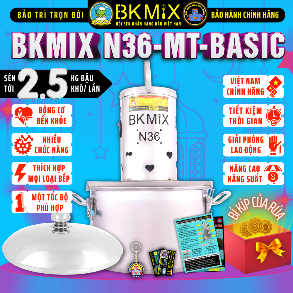 Máy sên nhân BKMIX N36-MT-Basic (một tốc) sên tới 2.5kg đậu khô, Nồi sên nhân bánh trung thu 20 lít - Rùa Sơ Sinh Shop
