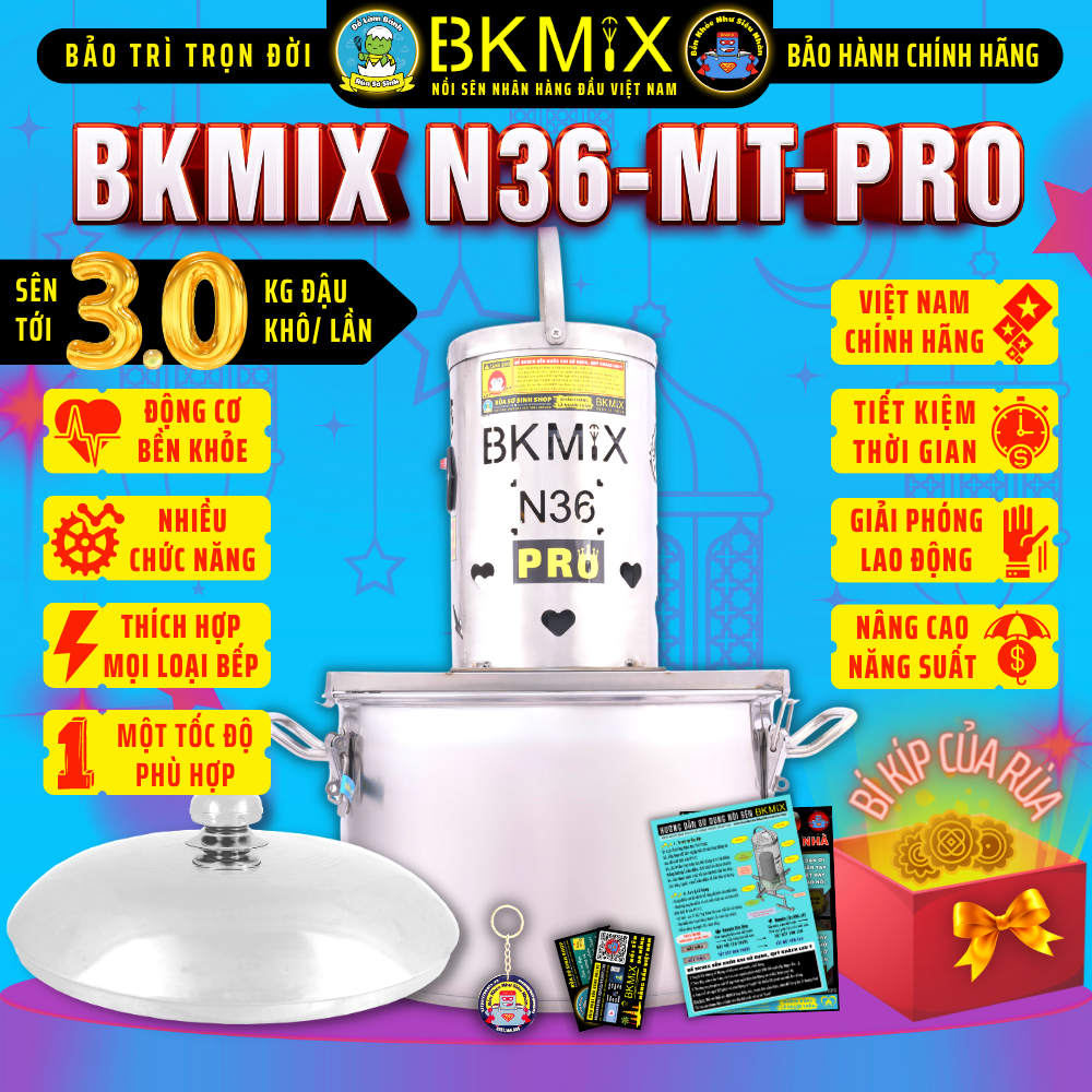 Nồi sên nhân BKMIX N36-MT-PRO (một tốc) sên tới 3.0kg đậu khô, Máy sên nhân bánh trung thu 20 lít - Rùa Sơ Sinh Shop