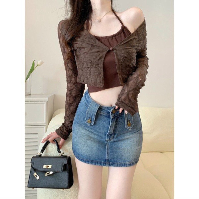 Set Áo Khoác Cardigan Dệt Kim Tay Dài + Áo Hai Dây Hai Dây Dáng Ngắn Vải Voan Thời Trang Mùa Hè B120