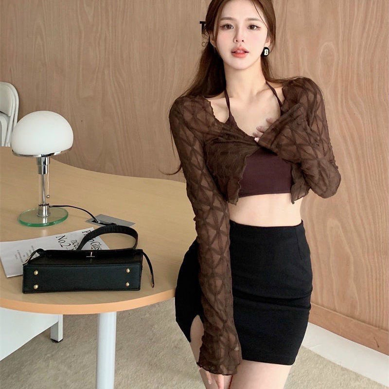 Set Áo Khoác Cardigan Dệt Kim Tay Dài + Áo Hai Dây Hai Dây Dáng Ngắn Vải Voan Thời Trang Mùa Hè B120