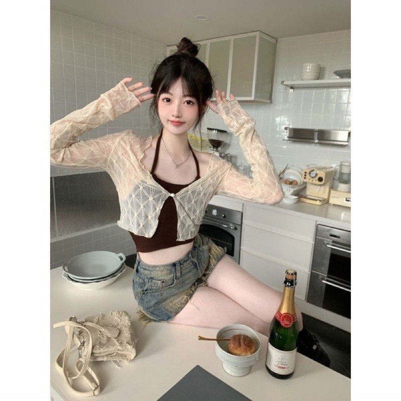 Set Áo Khoác Cardigan Dệt Kim Tay Dài + Áo Hai Dây Hai Dây Dáng Ngắn Vải Voan Thời Trang Mùa Hè B120