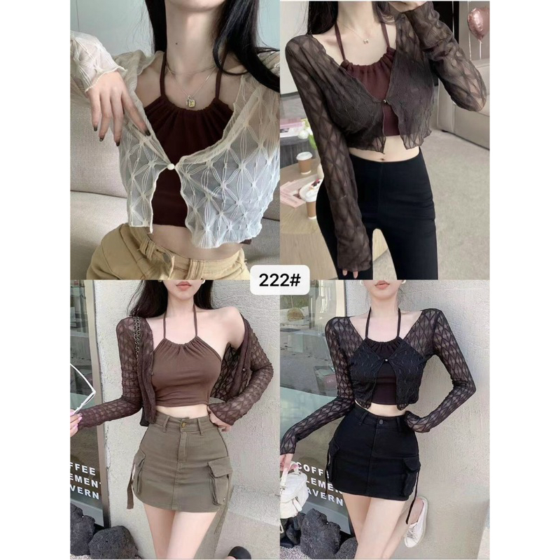 Set Áo Khoác Cardigan Dệt Kim Tay Dài + Áo Hai Dây Hai Dây Dáng Ngắn Vải Voan Thời Trang Mùa Hè B120