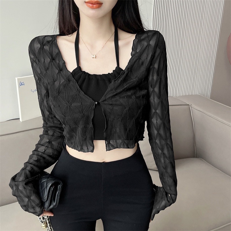 Set Áo Khoác Cardigan Dệt Kim Tay Dài + Áo Hai Dây Hai Dây Dáng Ngắn Vải Voan Thời Trang Mùa Hè B120