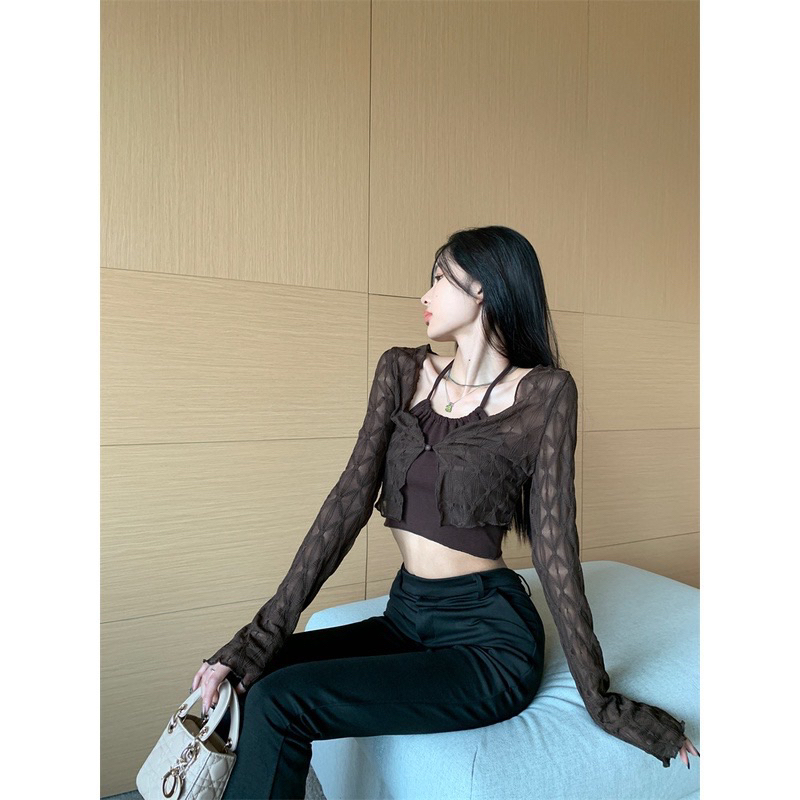 Set Áo Khoác Cardigan Dệt Kim Tay Dài + Áo Hai Dây Hai Dây Dáng Ngắn Vải Voan Thời Trang Mùa Hè B120