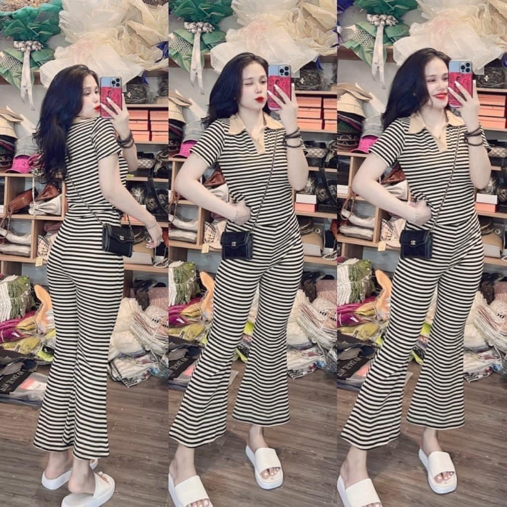 Set đồ bộ nữ tay ngắn quần dài sọc ngang trơn