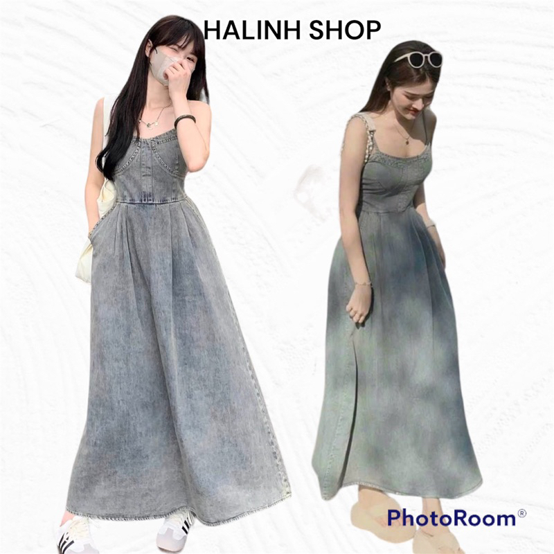 Váy Yếm 2 Dây Nữ Denim - Halinh Shop - Váy Yếm 2 Dây Bò Mềm Chun Sau Dáng Xoè Váy Dài Hàn Quốc size S M