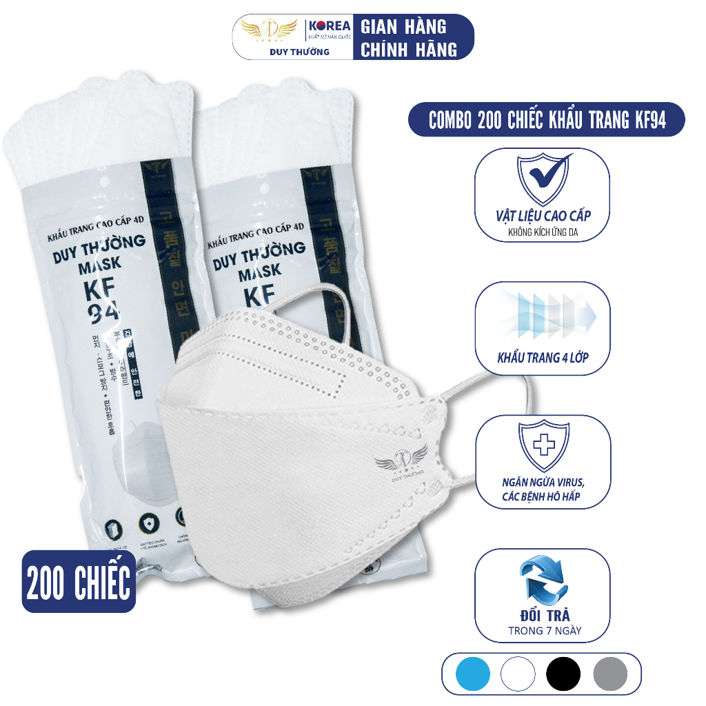 Combo 200 chiếc chiếc khẩu trang y tế 4D KF94 4 lớp kháng khuẩn, lọc bụi chống nâng và tia UV - Duy Thường Mask