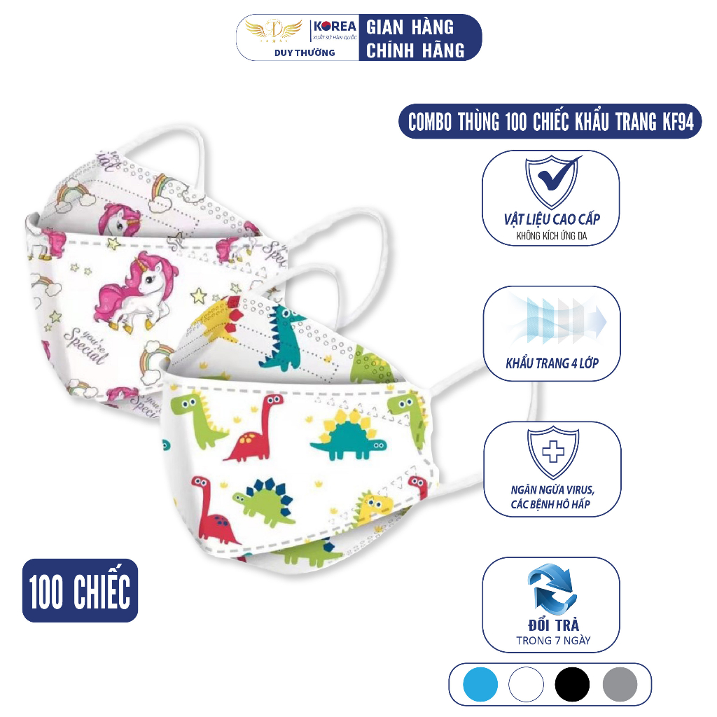 Khẩu Trang Trẻ Em KF94 Chống Nắng chống Bụi Mịn Họa Tiết Dễ Thương Nhiều Màu, Thùng 100 Chiếc - Duy Thường