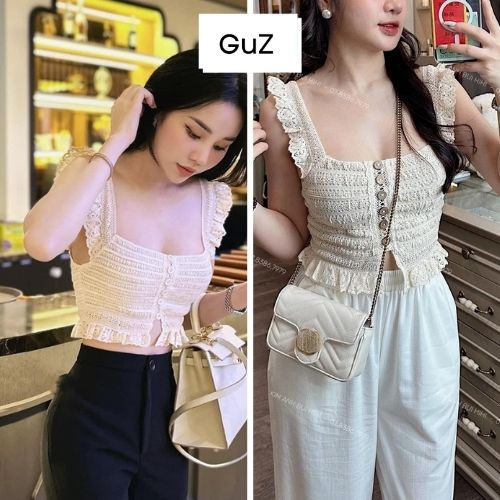 Áo viền ren 2 dây cánh tiên cúc gỗ dáng ngắn croptop dành cho nữ GUZ