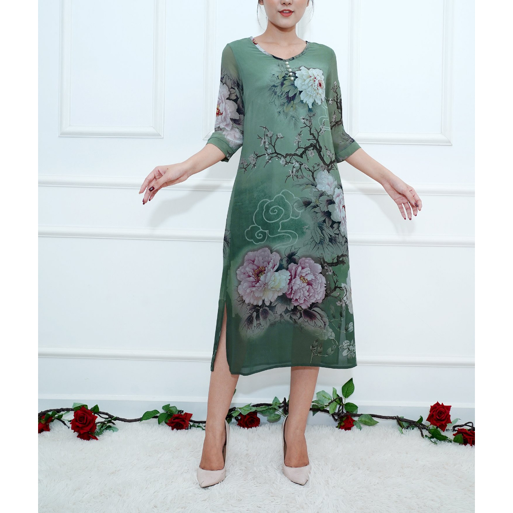 SHOPPRO - Đầm Suông Trung Niên Cổ Tim Tay Lỡ Dáng Dài Chữ A 2 Lớp Voan Hoa Cao Cấp Tặng Mẹ Bigsize 45-78kg 3352 3226