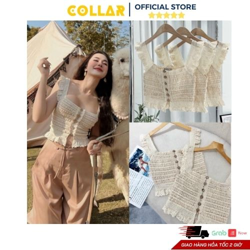 Áo 2 dây COLLAR cánh tiên phối ren cúc gỗ dáng croptop style đi biển mùa hè cá tính