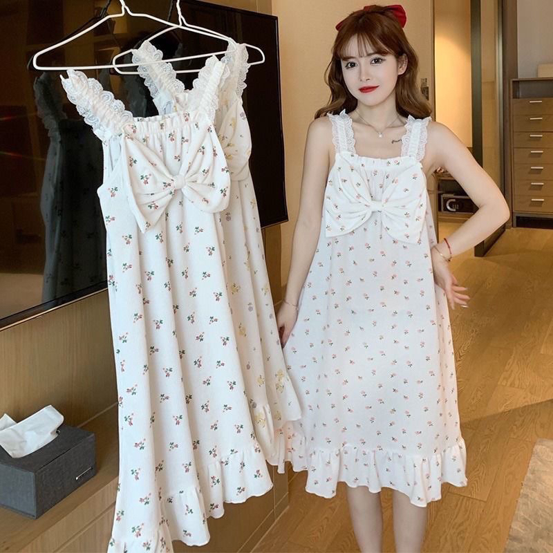 Váy 2 dây in hoa đính nơ mặc nhà cực xinh