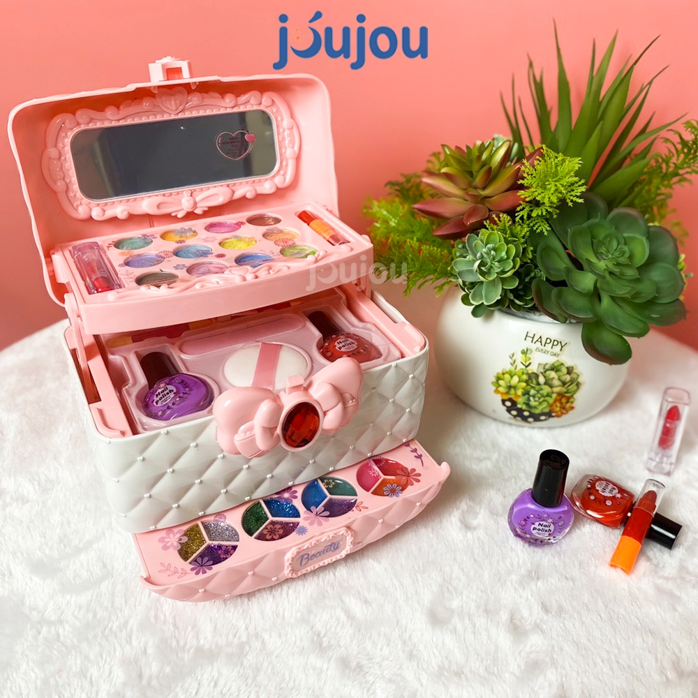 Bộ đồ chơi trang điểm cho bé gái JuJou hộp trang điểm cho bé màu hồng cao cấp, an toàn, dễ làm sạch