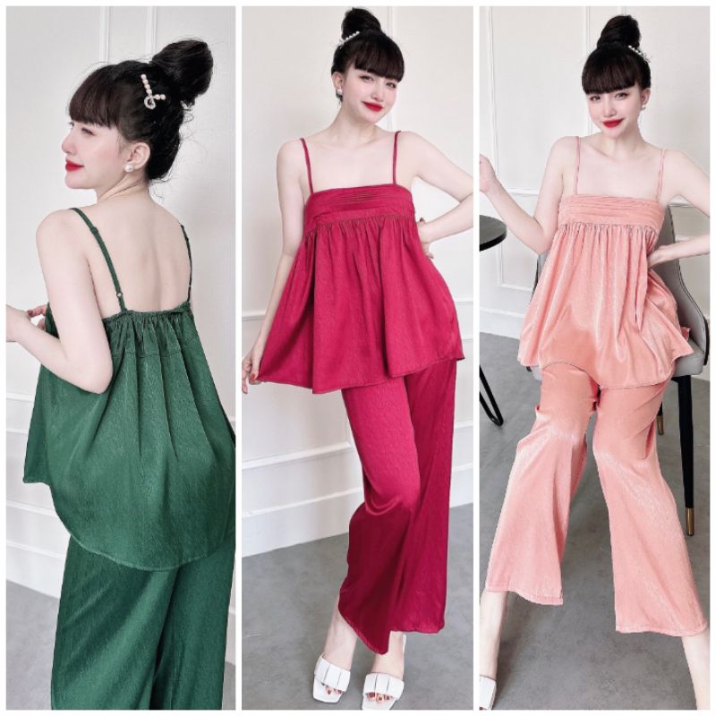 Đồ ngủ nữ mặc nhà pyjama - Chất Lụa Gấm Xước cao cấp - Mẫu 2 dây quần dài lụa xếp li