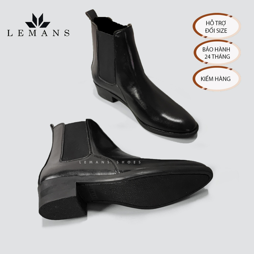 Giày da bò nguyên tấm Chelsea Boots Classic Black LeMans CB04 mũi nhọn, gót tăng cao 5cm, bảo hành 12-24 tháng